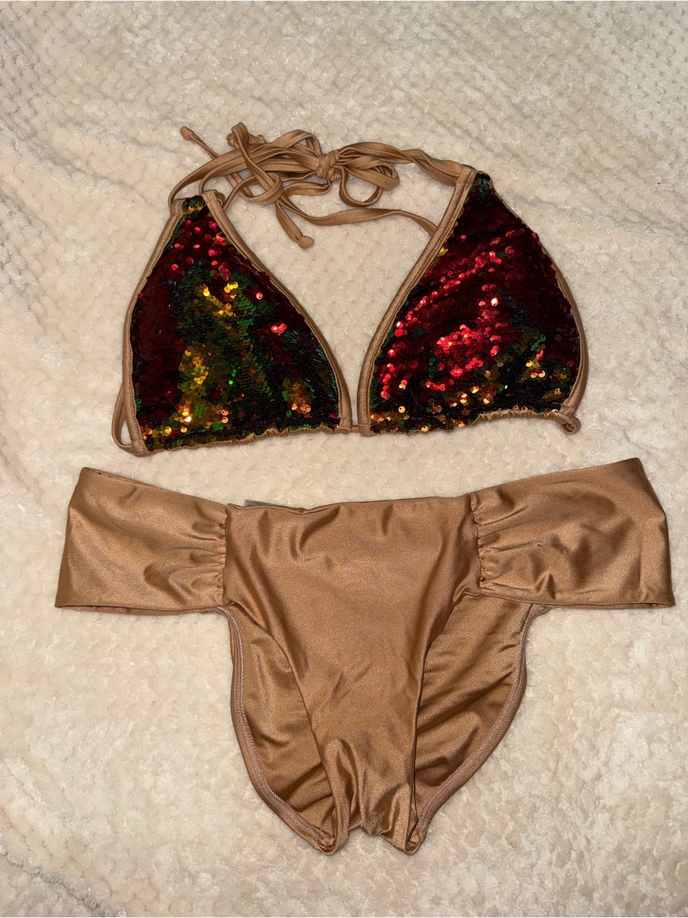 Alexiss Sequin Swimsuit Bikini Top DD/E Metallic Bronze Hipster Bottoms 3 (8/10)